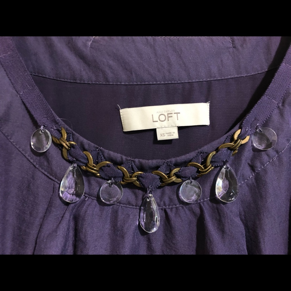 Ann Taylor LOFT | Sleeveless Purple Ruffled Blouse Bejeweled chain Neck